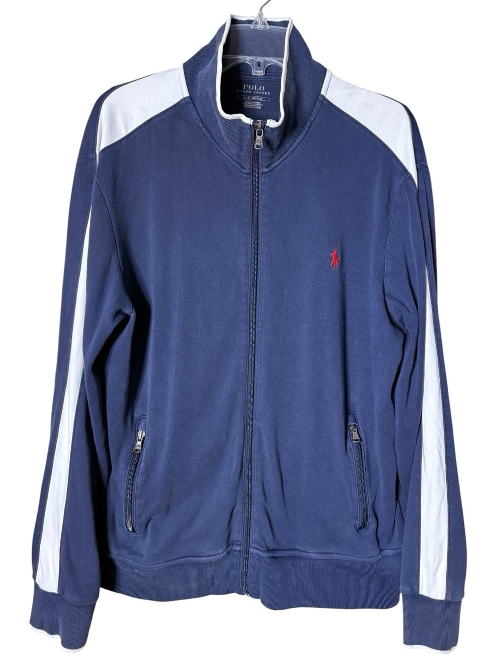 Polo Ralph Lauren Navy Blue Zip Track Jacket Men’s L White Striped Sleeve Retro